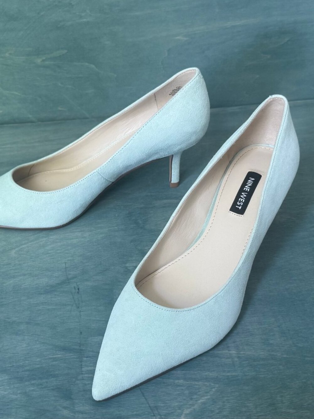 Nine West Arlene Suede Pointy Toe Kitten Heel Pumps Mint Green- 7.5